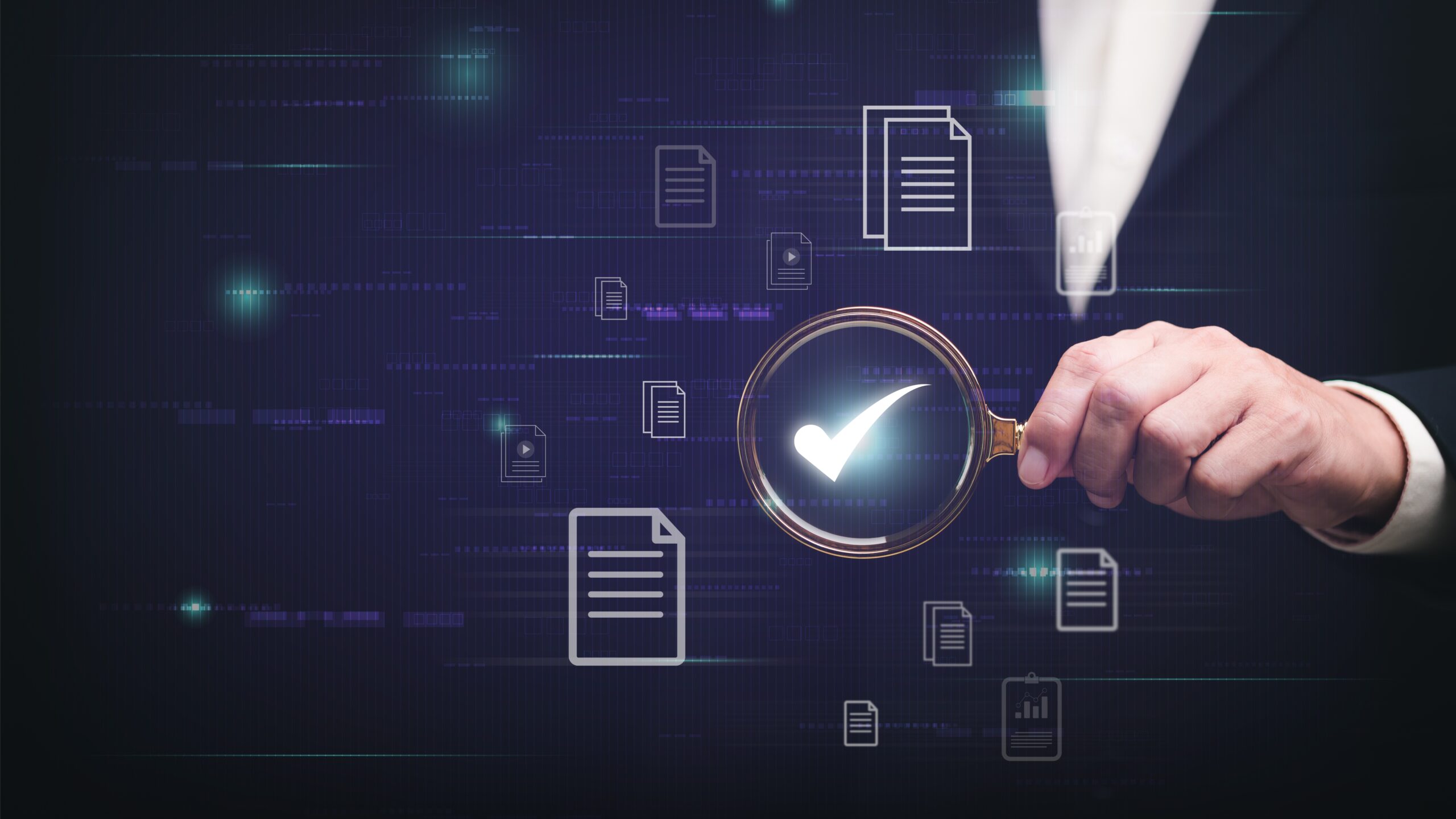 Magnifying glass highlighting a checkmark on a digital document, symbolizing checking for compliance